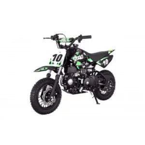 Green and black youth dirt bike with number 10, displayed on white background at Q9 PowerSports USA.