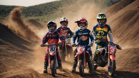 Four kids in motocross gear riding dirt bikes on a sandy track, kicking up dust
