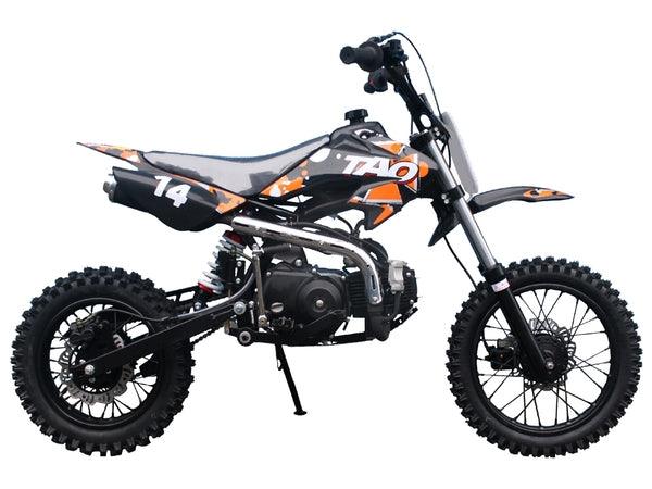 Youth gas-powered dirt bike with rugged tires and number 14 for off-road riding
