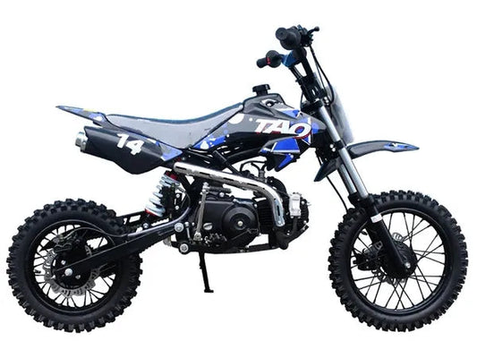 Blue Tao dirt bike with number 14, knobby tires, and off-road suspension for youth or adults.