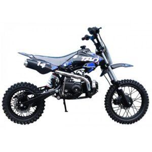 Black and blue dirt bike with off-road tires and number 14, side view on white background.