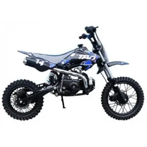 Black and blue dirt bike with knobby tires, shown in a side profile on a white background.