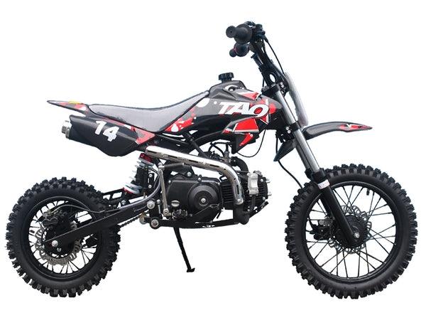 Red and black 14-numbered off-road dirt bike with knobby tires and sporty design