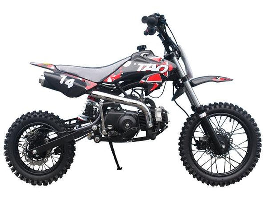 Red and black 14-numbered off-road dirt bike with knobby tires and sporty design