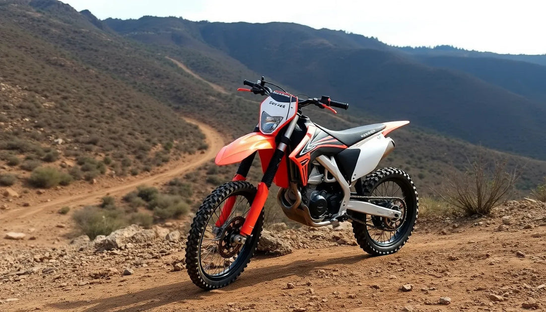 Red and white dirt bike on a rugged off-road trail in a desert mountain landscape