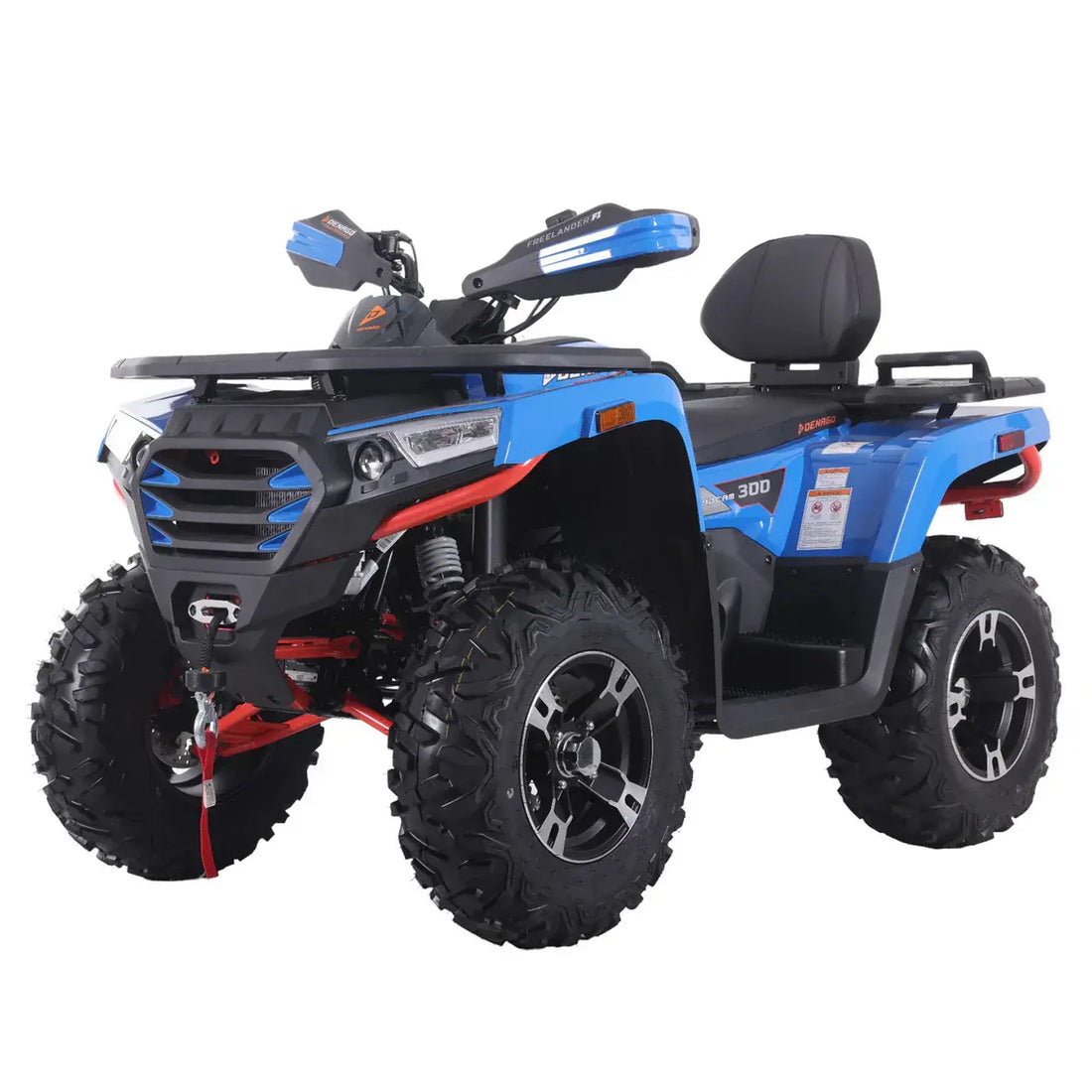 Blue all-terrain vehicle ATV with rugged tires and rear passenger seat on white background