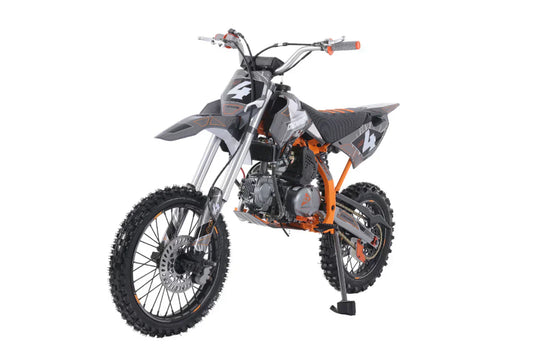 Orange and black dirt bike with knobby tires for off-road riding on white background
