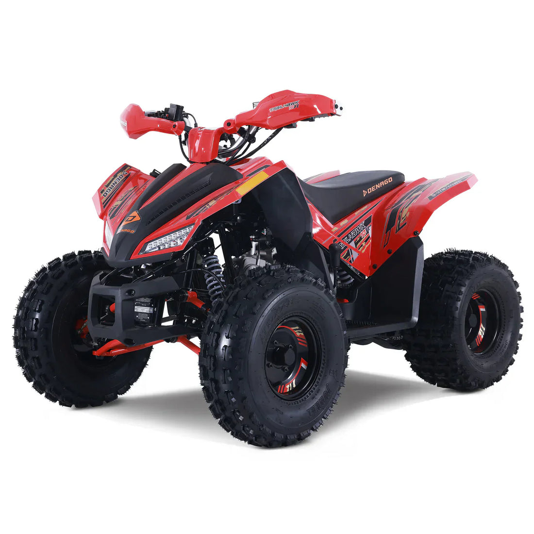 Red Denago Trailhawk 4-wheel ATV with rugged tires and sporty design