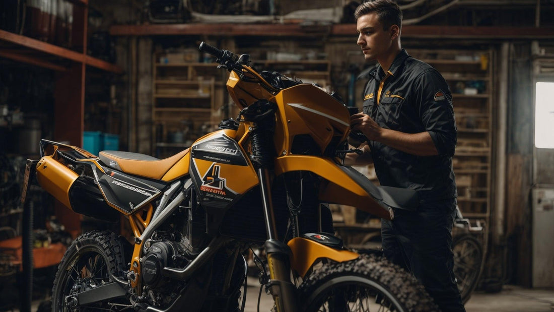 Technician working on yellow dirt bike in garage, fuel-injected vs carbureted comparison