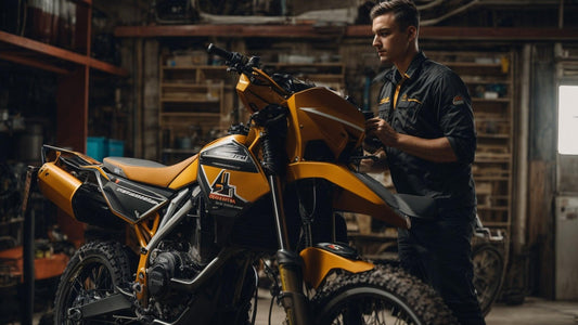 Technician working on yellow dirt bike in garage, fuel-injected vs carbureted comparison