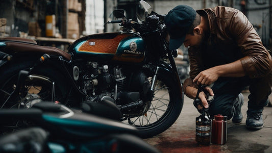 Mechanic performing motorcycle oil change in a workshop with oil containers nearby.
