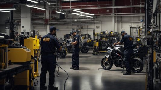 Technicians in a workshop servicing a motorcycle with tools and industrial equipment