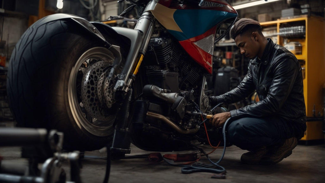 Man checking motorcycle tire pressure in a garage, scooter and moped maintenance