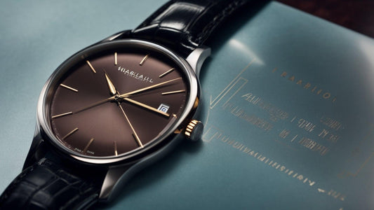 Close-up of a brown analog wristwatch with gold accents and black leather band on a teal surface.