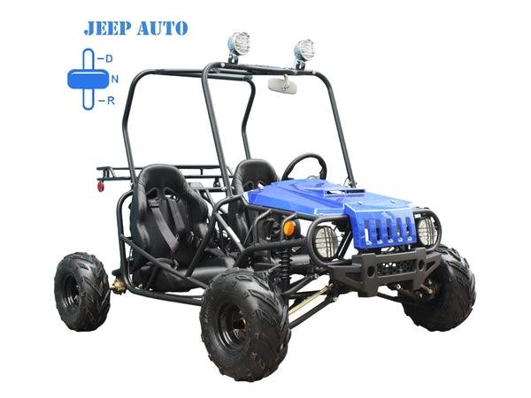 Blue double seat youth go-kart with off-road tires and roll cage, gas powered