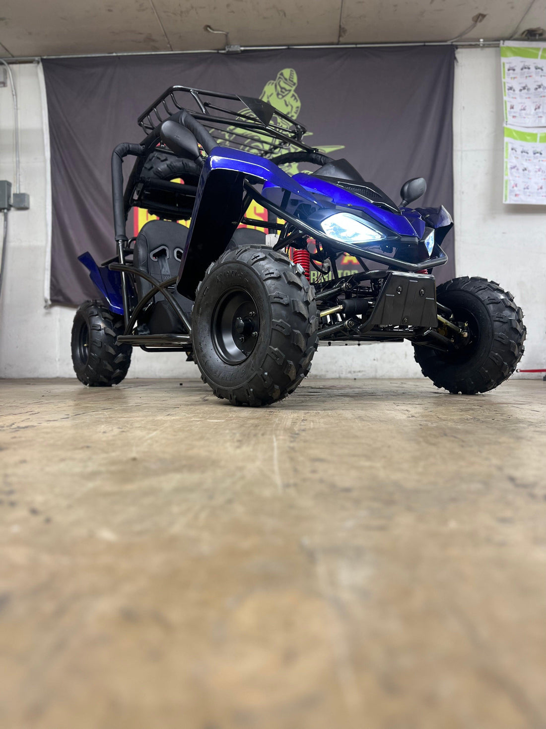 Blue 125cc youth go-kart with off-road tires and roll cage in an indoor garage setting