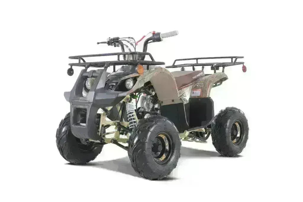 110cc youth utility ATV with rugged tires, front and rear racks, camo pattern body