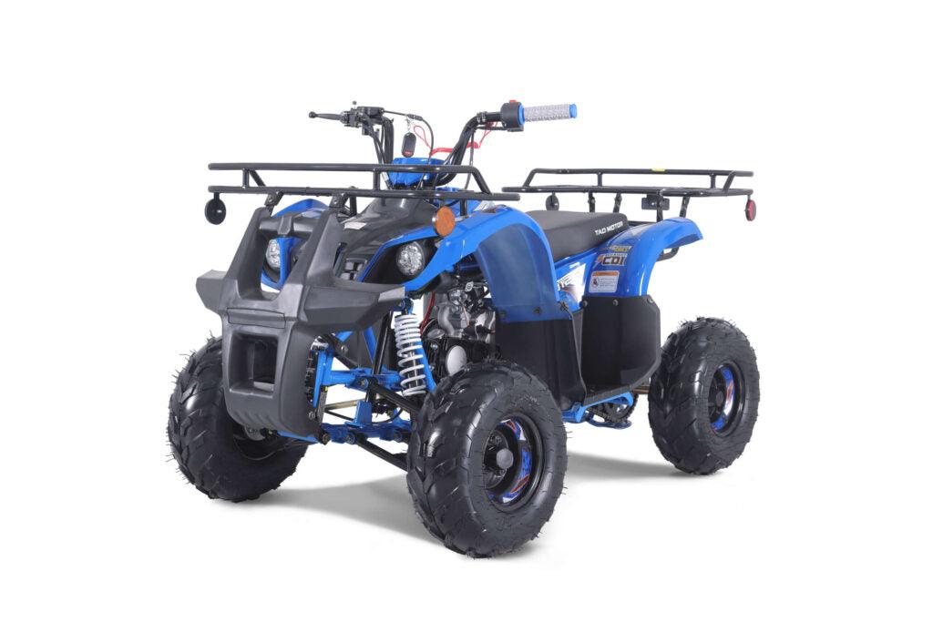 Blue ATV with rugged tires and front and rear racks, designed for off-road riding