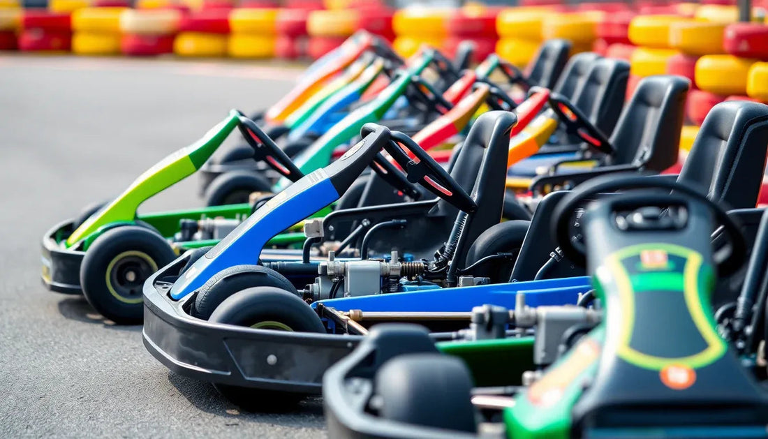 Row of colorful go-karts parked on an outdoor racing track.