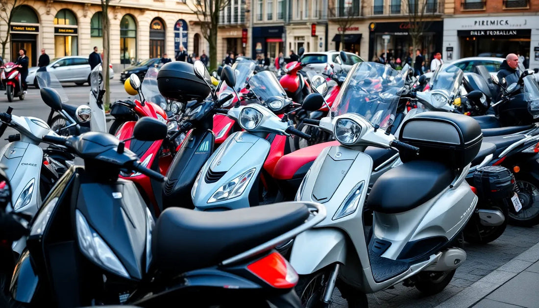 Row of modern scooters and mopeds parked on a city street, urban scooter parking