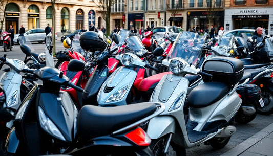 Row of modern scooters and mopeds parked on a city street, urban scooter parking