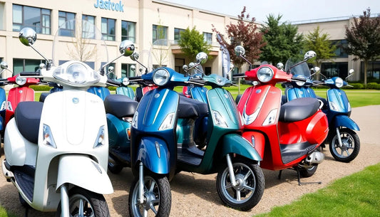 Row of colorful vintage-style scooters parked outdoors on paved area with modern building and trees in background
