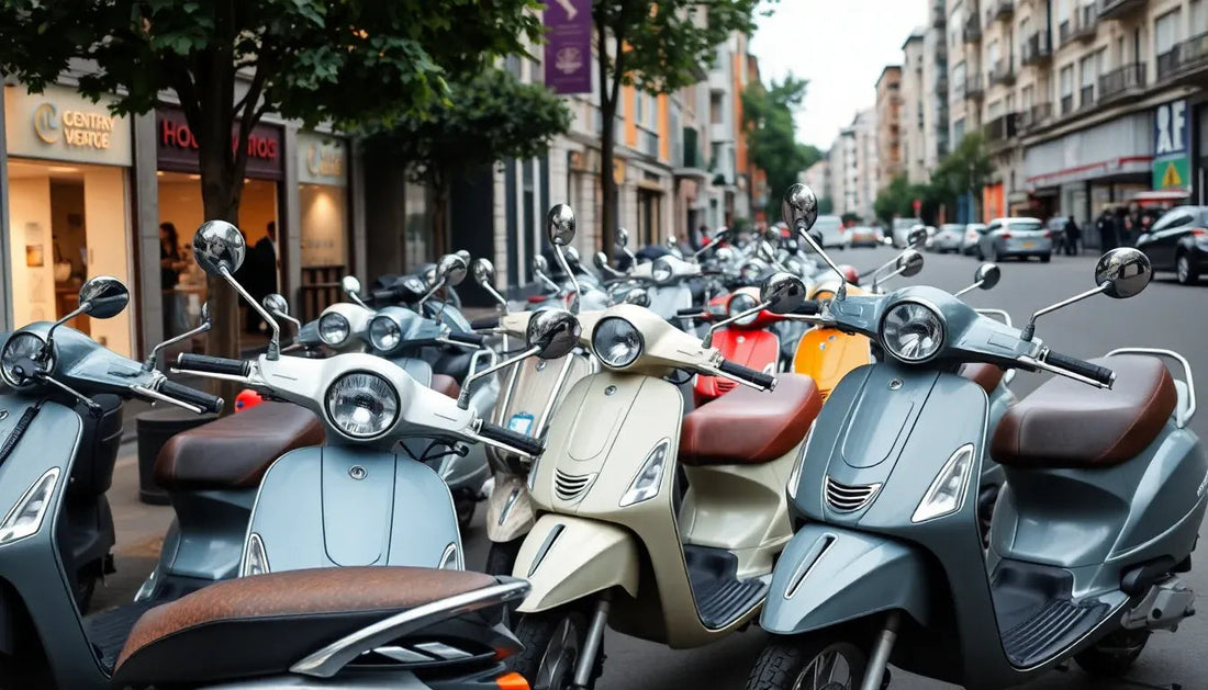 Row of colorful scooters parked on a city street, ideal powersports vehicles for teens.