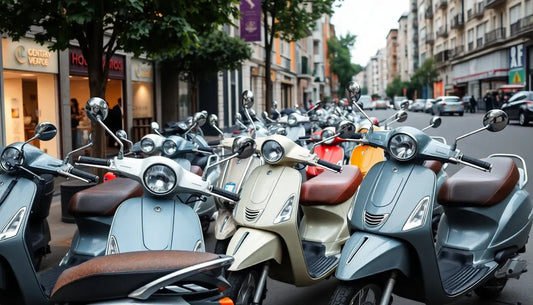 Row of modern scooters parked on a city street, various colors, urban setting