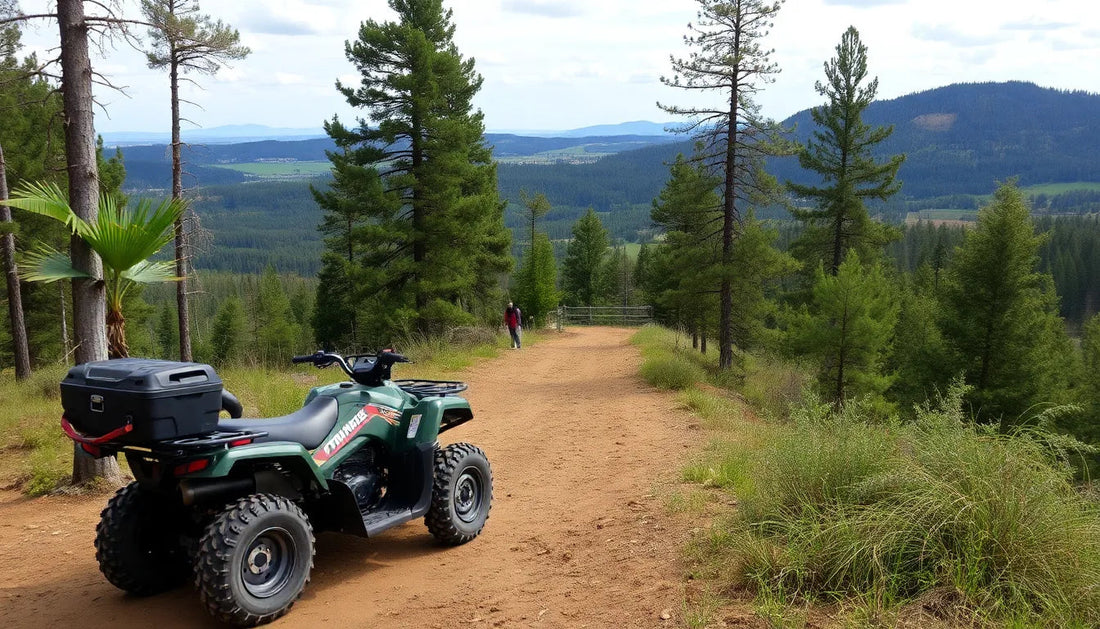 Green ATV parked on a forest trail with scenic mountain view in the background