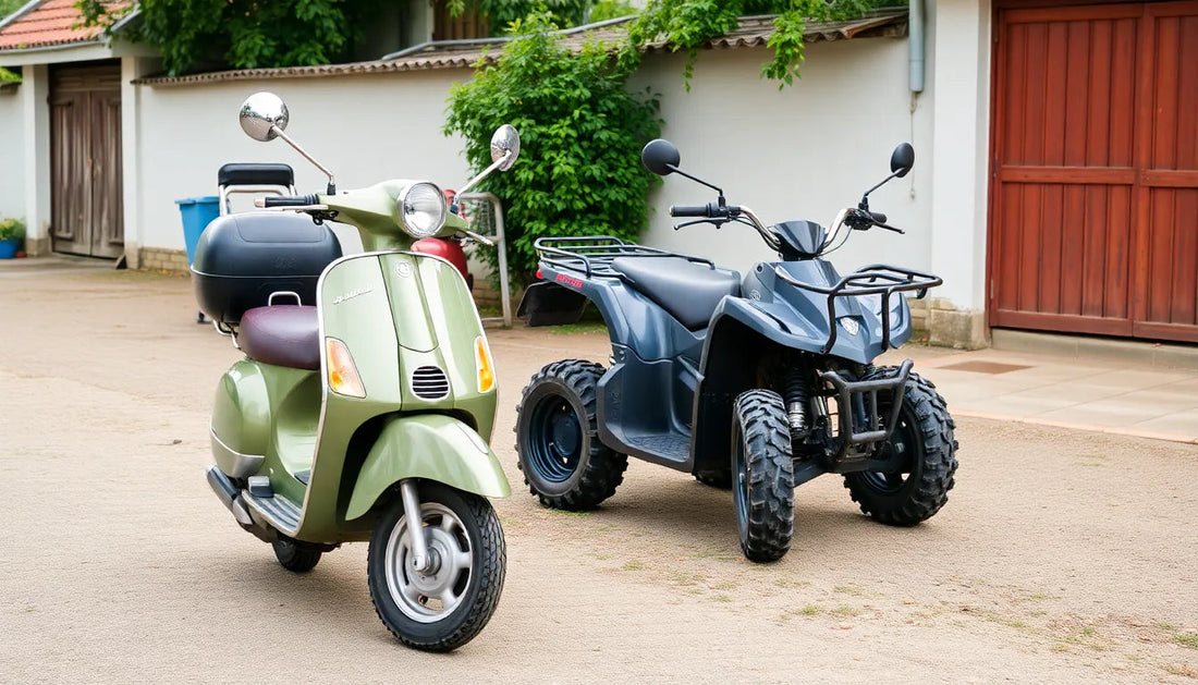 Green vintage scooter and black youth ATV parked on driveway by white wall and wooden gate