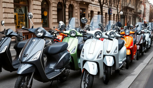 Row of colorful scooters parked on a city street, featuring various modern models.