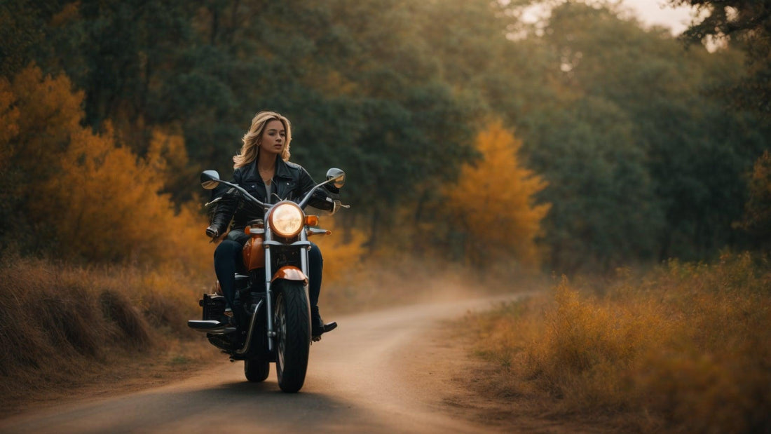 Beginner rider on entry-level motorcycle cruising a dirt road through autumn forest