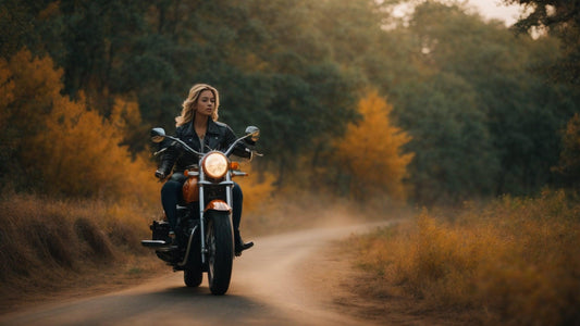 Beginner rider on entry-level motorcycle cruising a dirt road through autumn forest