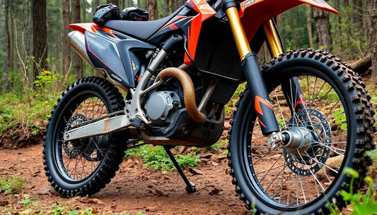 Orange and black dirt bike with knobby tires parked on a forest trail with trees and greenery