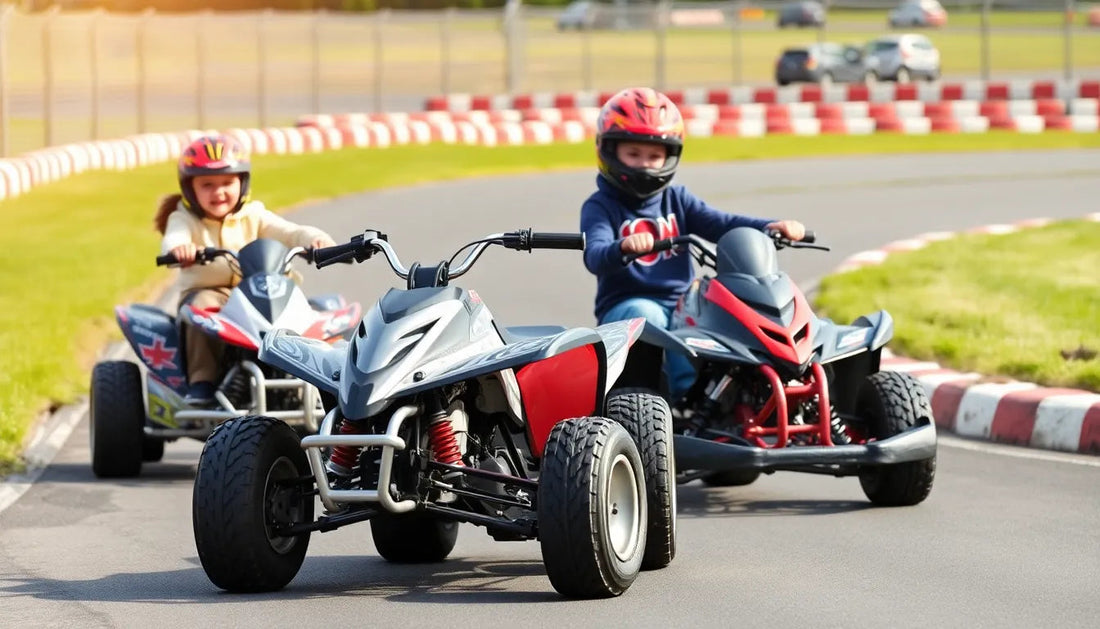 Kids riding youth ATVs on an outdoor go-kart track, wearing helmets, daytime.