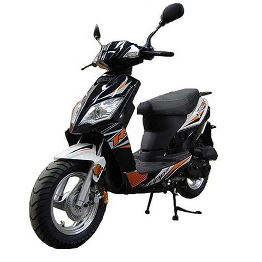 Black and white 50cc motor scooter with orange accents, front view on white background