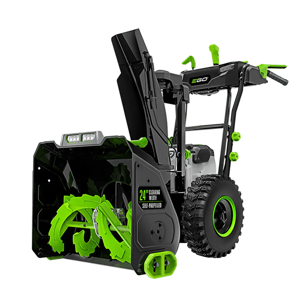 24-inch two-stage self-propelled snow blower with bright green auger and LED headlights