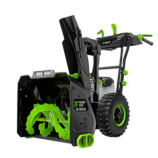 24-inch two-stage self-propelled snow blower with bright green auger and LED headlights
