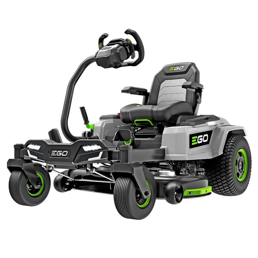 Electric zero turn lawn mower with e-steer technology, gray and green accents, isolated view