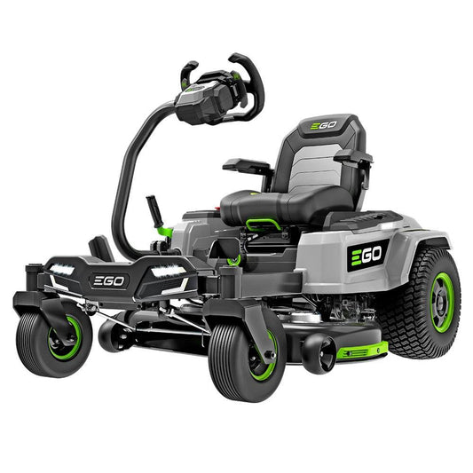 Electric zero turn lawn mower with e-steer technology, gray and green accents, isolated view