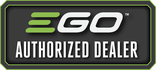 EGO authorized dealer sign with green and white logo on a black background