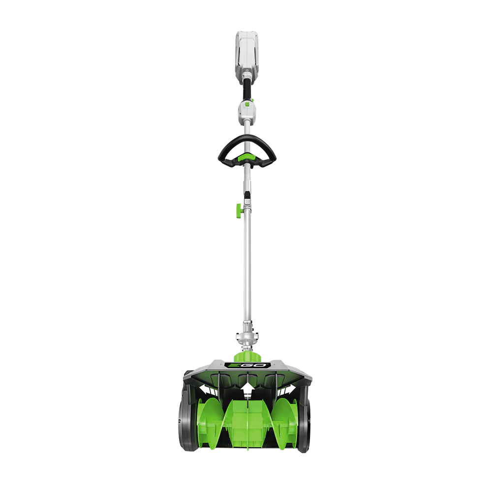 Electric snow shovel with green auger blades and ergonomic handle on solid background
