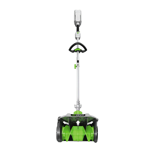 Electric snow shovel with green auger blades and ergonomic handle on solid background