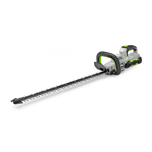 Electric battery-powered hedge trimmer with long blade and ergonomic handle