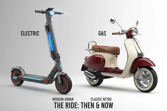 Electric scooter and gas motor scooter side by side, modern vs retro design comparison