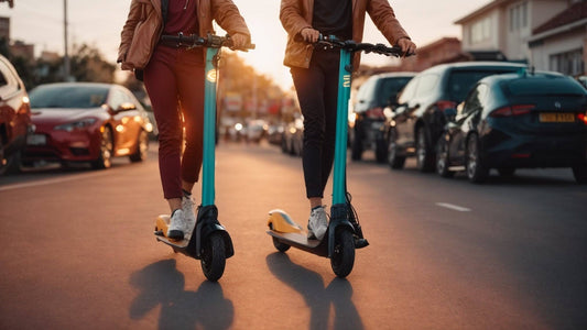 Two people riding electric kick scooters on a city street at sunset with cars parked along the road.