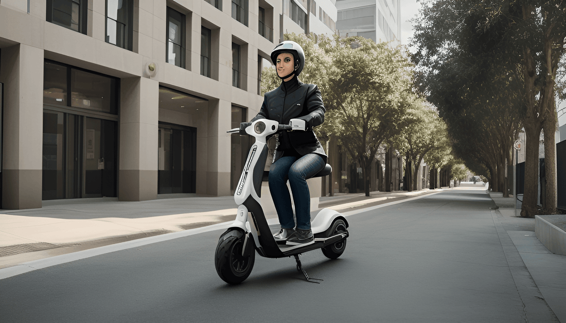 Person riding an electric scooter on a city street lined with modern buildings and trees