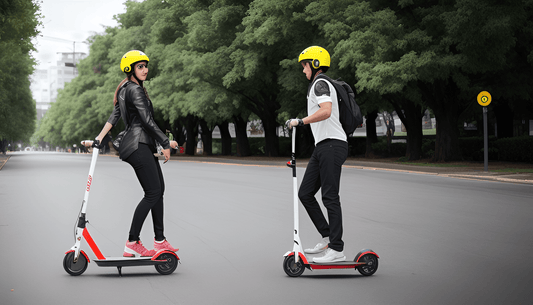Two people riding electric stand up scooters with helmets on a tree-lined street