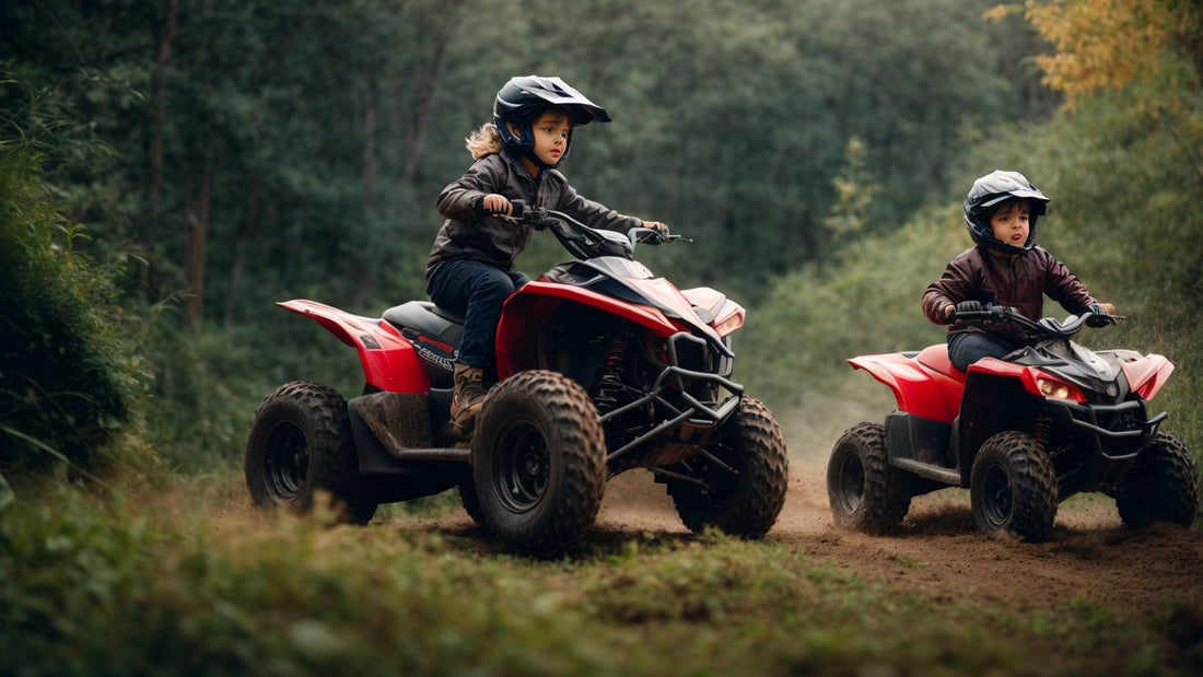 Two kids riding red youth ATVs on a dirt trail outdoors, wearing helmets for safety.