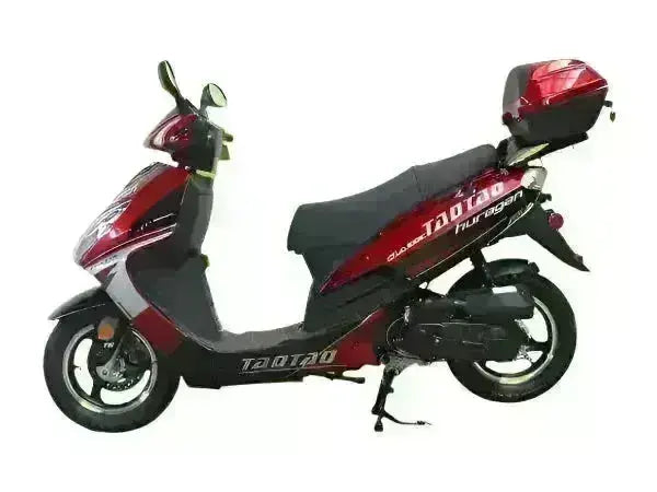 Red Taotao 50cc scooter with rear storage box on white background